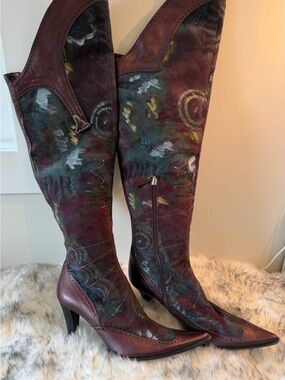 Bellofatto Women's Burgundy Multicolor Knee-High Pointed Toe Boots